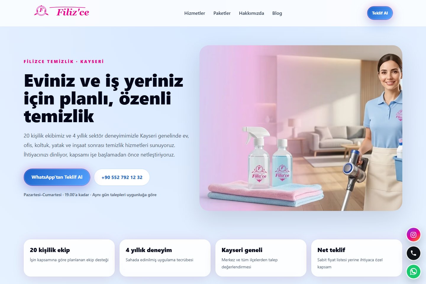 Filizce Temizlik ana sayfasından ekran görüntüsü