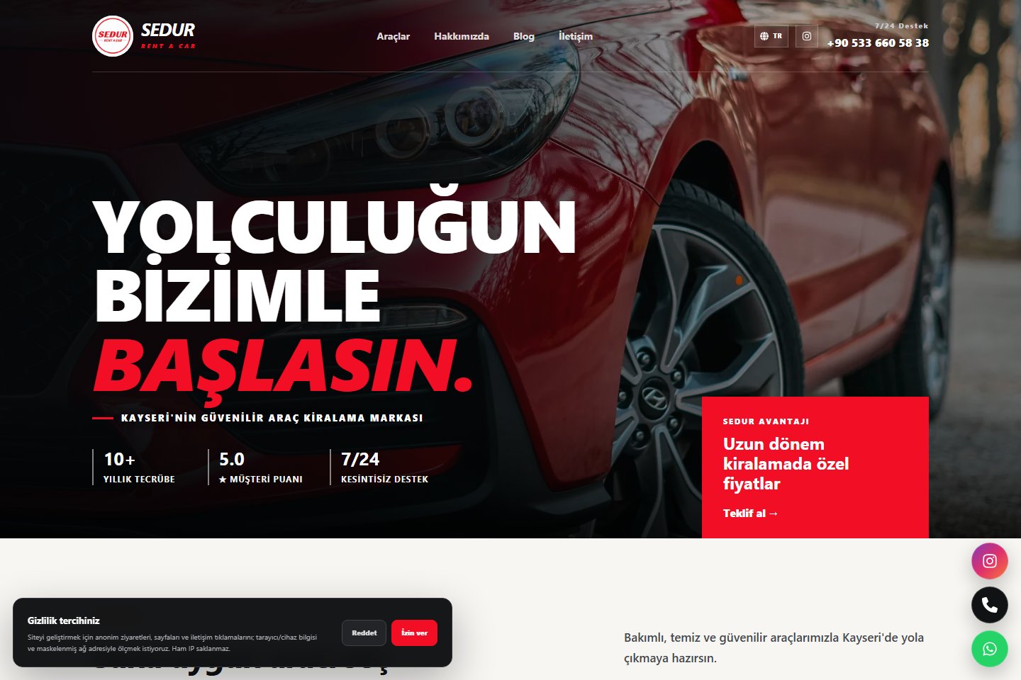 Sedur Rent A Car ana sayfasından ekran görüntüsü